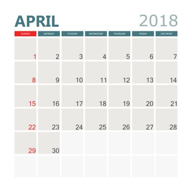 Nisan 2018 takvim. Takvim planlayıcısı tasarım şablonu. Hafta yıldız