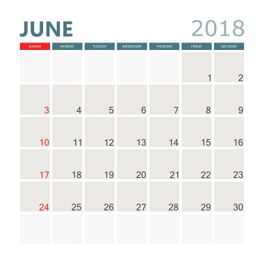 Haziran 2018 takvim. Takvim planlayıcısı tasarım şablonu. Hafta Başlat