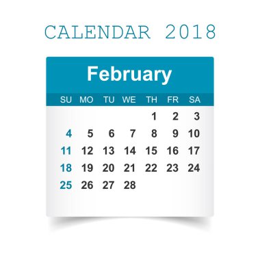 Şubat 2018 takvim. Takvim etiket tasarım şablonu. Hafta s
