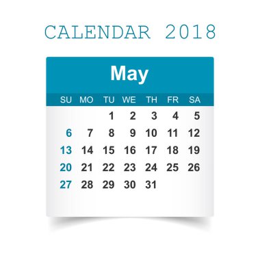 Mayıs 2018 takvim. Takvim etiket tasarım şablonu. Hafta başlangıcı