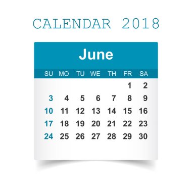 Haziran 2018 takvim. Takvim etiket tasarım şablonu. Hafta Başlat