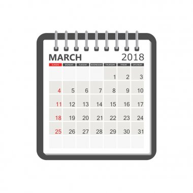 Mart 2018 takvim. Takvim defter sayfası şablonu. Hafta Başlat