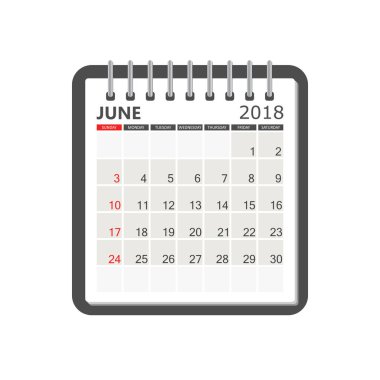 Haziran 2018 takvim. Takvim defter sayfası şablonu. Hafta başlangıcı