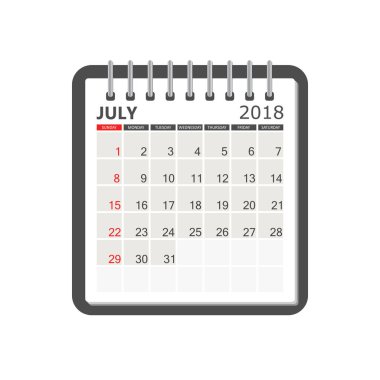Temmuz 2018 takvim. Takvim defter sayfası şablonu. Hafta başlangıcı