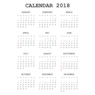 Takvim 2018 yılında basit tarzı. Takvim planlayıcısı tasarım sıcaklığı