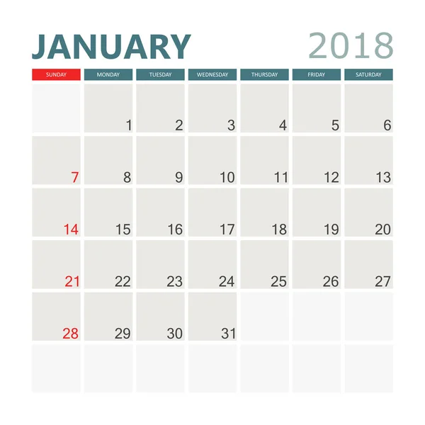 Январь 2018 календарь. Шаблон проектирования календаря. Неделя — стоковый вектор