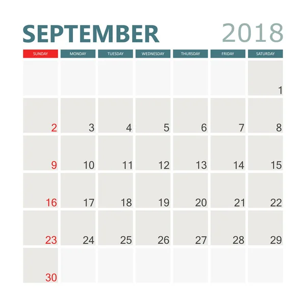 Calendário setembro 2018. Modelo de design de planejador de calendário. Semana —  Vetores de Stock