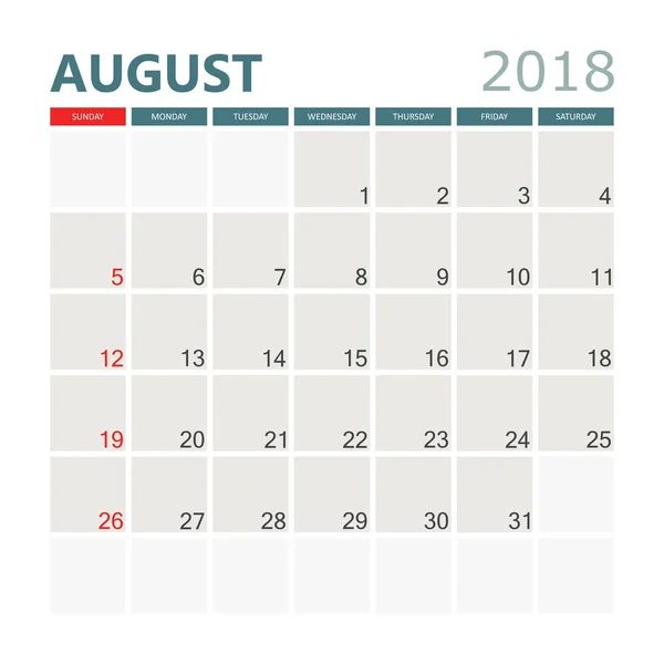 Calendário agosto 2018. Modelo de design de planejador de calendário. Semana sta — Vetor de Stock