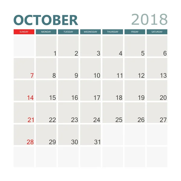 October 2018 calendar. Calendar planner design template. Week st — Stock Vector