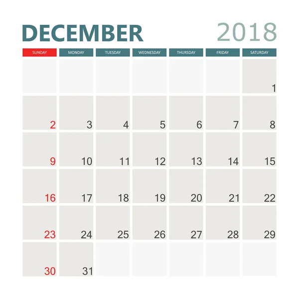 December 2018 calendar. Calendar planner design template. Week s — Stock Vector