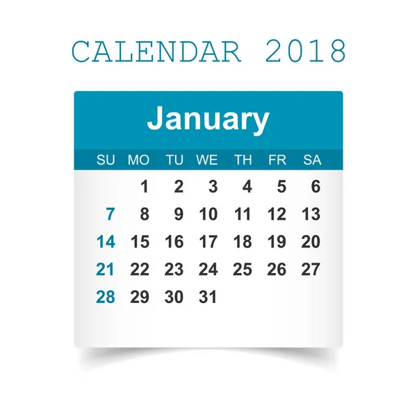 Ημερολόγιο Ιανουαρίου 2018. Πρότυπο σχεδίασης αυτοκόλλητο ημερολόγιο. Εβδομάδα st — Διανυσματικό Αρχείο