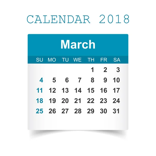 Март 2018 календарь. Шаблон дизайна стикера календаря. Звезда недели — стоковый вектор