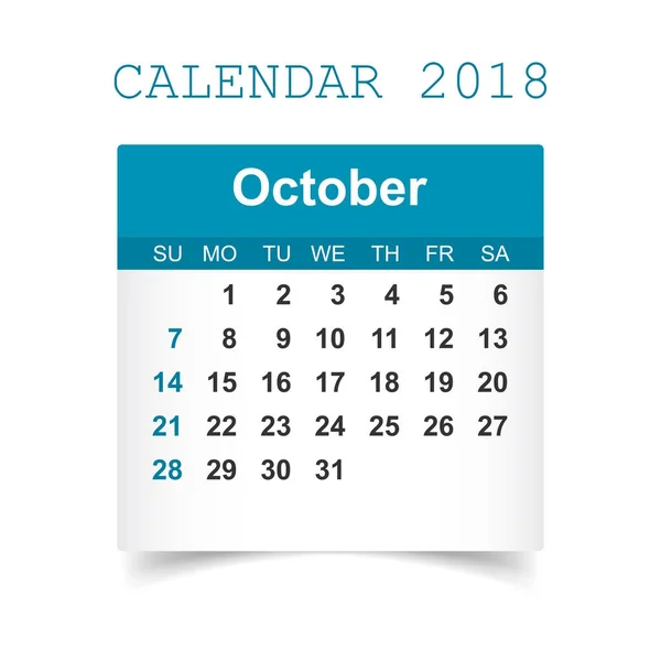 Жовтень 2018 календар. Шаблон дизайну наклейок календаря. вул Тижня — стоковий вектор