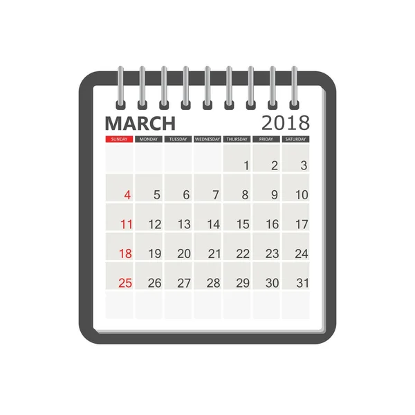 Calendario marzo 2018. Plantilla de página de cuaderno calendario. Semana de inicio — Archivo Imágenes Vectoriales