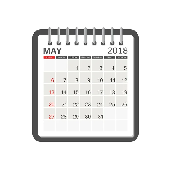 5 月 2018年日历。日历的笔记本页面模板。周启动 — 图库矢量图片