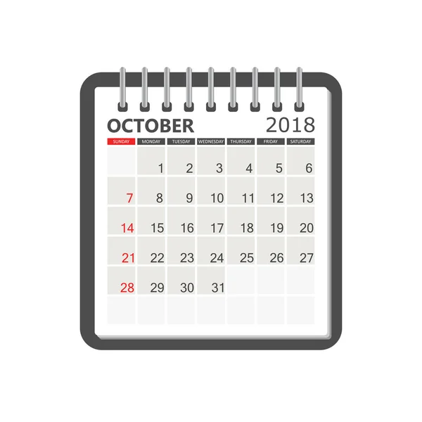 Október 2018-ban naptár. Naptár notebook oldal mintadeszka. A héten sta — Stock Vector