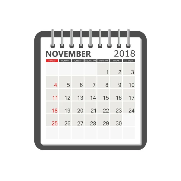 Calendario noviembre 2018. Plantilla de página de cuaderno calendario. Semana st — Archivo Imágenes Vectoriales