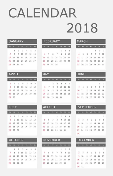 Calendario 2018 año en estilo simple. Planificador de calendario temporal de diseño — Archivo Imágenes Vectoriales