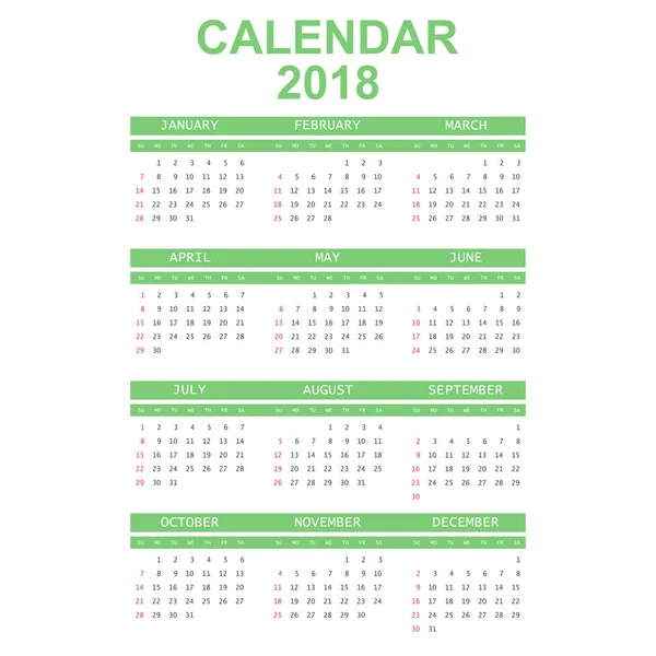 Calendário 2018 ano em estilo simples. Calendário planejador design temp — Vetor de Stock