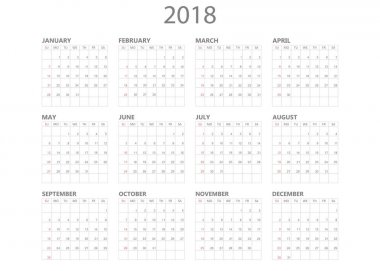 Takvim 2018 yılında basit tarzı. Takvim planlayıcısı tasarım sıcaklığı