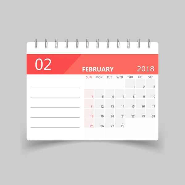 Ημερολόγιο Φεβρουαρίου 2018. Πρότυπο σχεδίασης planner ημερολόγιο. Εβδομάδα s — Διανυσματικό Αρχείο