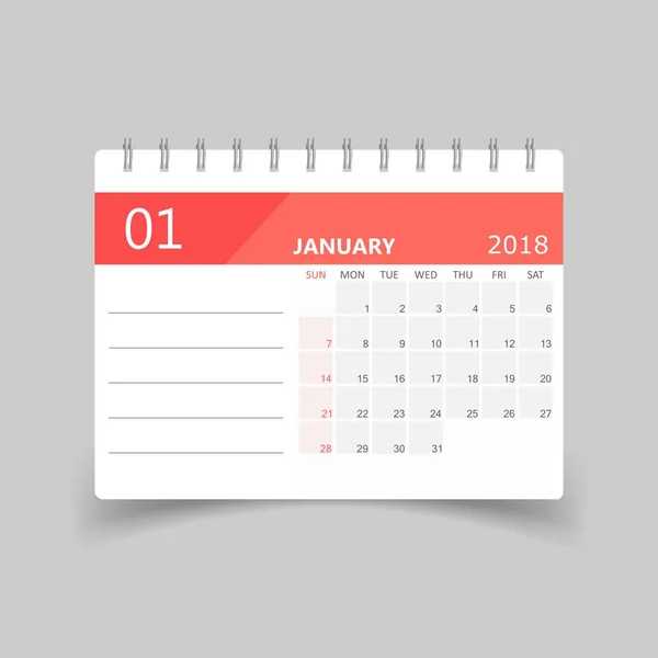 Ημερολόγιο Ιανουαρίου 2018. Πρότυπο σχεδίασης planner ημερολόγιο. Εβδομάδα st — Διανυσματικό Αρχείο