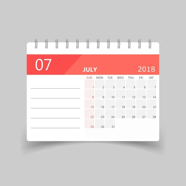 Ημερολόγιο Ιουλίου 2018. Πρότυπο σχεδίασης planner ημερολόγιο. Έναρξη της εβδομάδας — Διανυσματικό Αρχείο