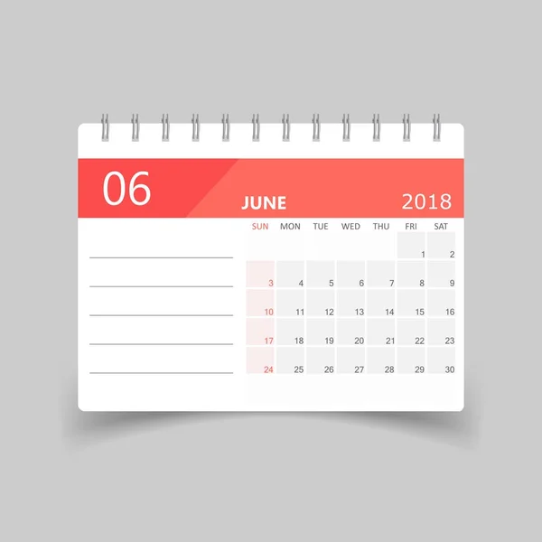 Calendário de junho 2018. Modelo de design de planejador de calendário. Início da semana — Vetor de Stock