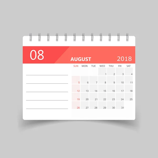 Ημερολόγιο Αυγούστου 2018. Πρότυπο σχεδίασης planner ημερολόγιο. Εβδομάδα sta — Διανυσματικό Αρχείο