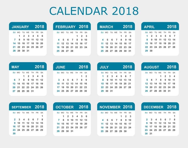 Calendario 2018 año en estilo simple. Planificador de calendario temporal de diseño — Archivo Imágenes Vectoriales