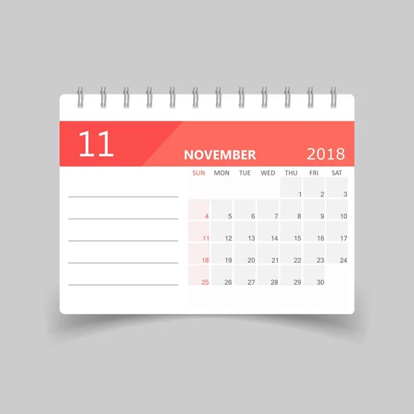 Calendrier de novembre 2018. Calendrier planificateur modèle de conception. Semaine s — Image vectorielle