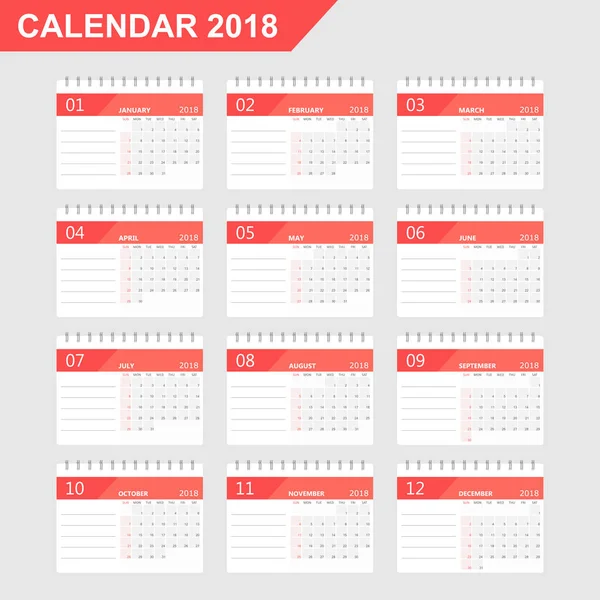 Calendar 2018 year in simple style. Calendar planner design temp — Stock Vector