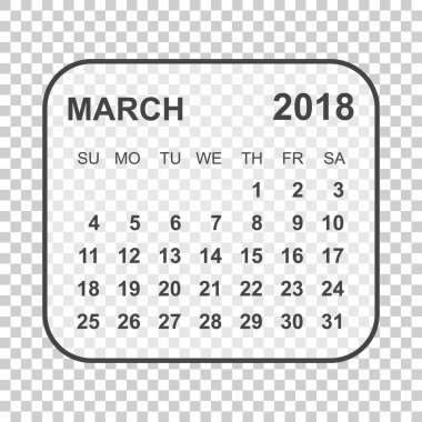 Mart 2018 takvim. Takvim planlayıcısı tasarım şablonu. Hafta yıldız
