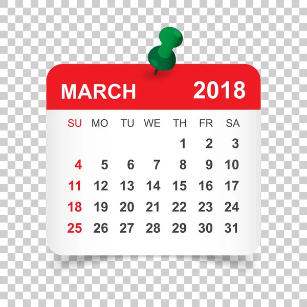 2018 年 3 月のカレンダーです。カレンダー ステッカー デザイン テンプレートです。週スター — ストックベクタ