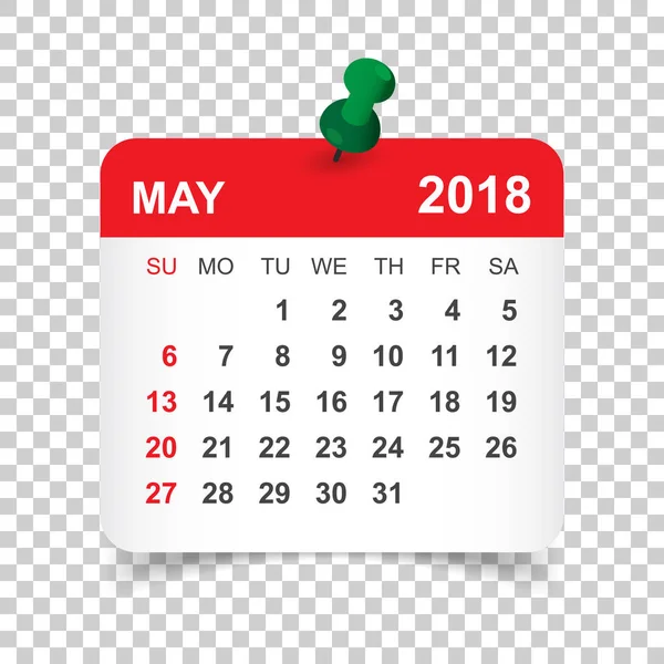 Calendário de maio 2018. Modelo de design de etiqueta de calendário. Início da semana — Vetor de Stock