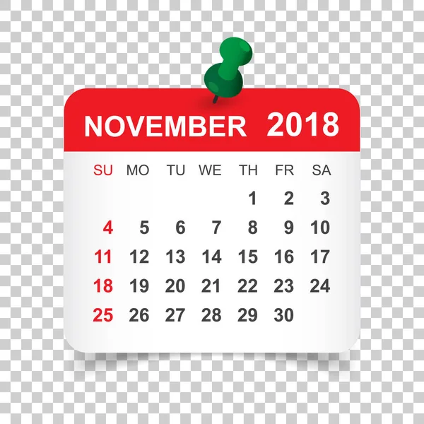 Calendario noviembre 2018. Plantilla de diseño de etiqueta de calendario. Semana s — Vector de stock