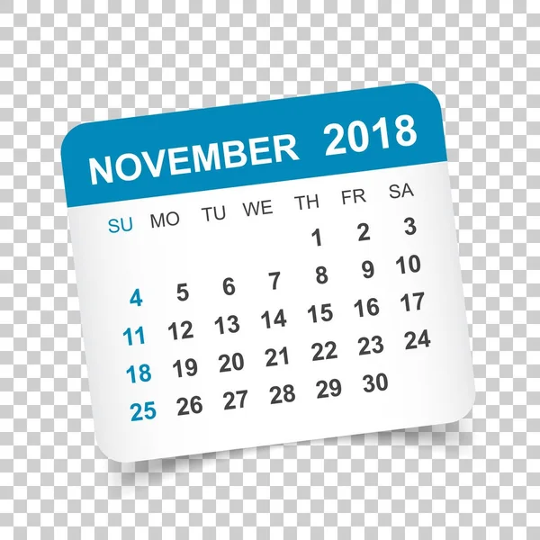 Ноябрь 2018 календарь. Шаблон дизайна стикера календаря. Неделя с — стоковый вектор