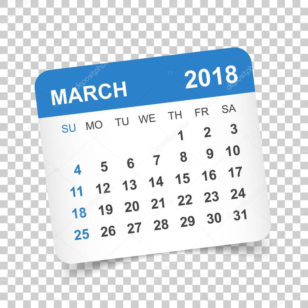 March 2018 calendar. Calendar sticker design template. Week star