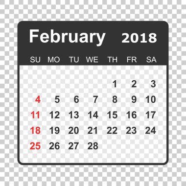 Şubat 2018 takvim. Takvim planlayıcısı tasarım şablonu. Hafta s