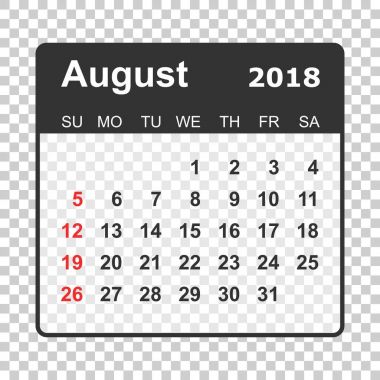Ağustos 2018 takvim. Takvim planlayıcısı tasarım şablonu. Hafta sta