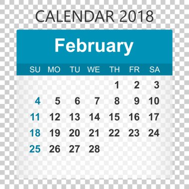 Şubat 2018 takvim. Takvim etiket tasarım şablonu. Hafta s