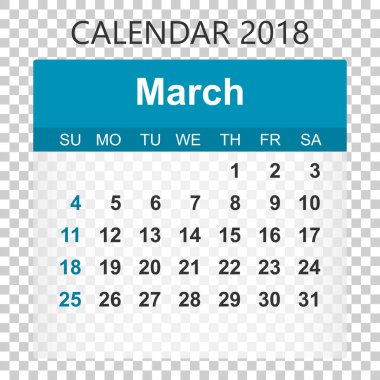 Mart 2018 takvim. Takvim etiket tasarım şablonu. Hafta yıldız