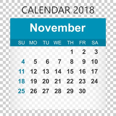 Kasım 2018 takvim. Takvim etiket tasarım şablonu. Hafta s