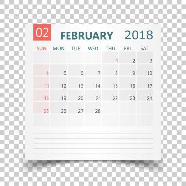 Şubat 2018 takvim. Takvim etiket tasarım şablonu. Hafta s