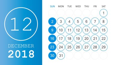 Aralık 2018 takvim. Takvim planlayıcısı tasarım şablonu. Hafta s