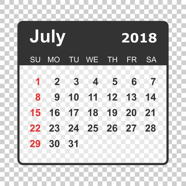 Julho 2018 calendário. Modelo de design de planejador de calendário. Início da semana — Vetor de Stock