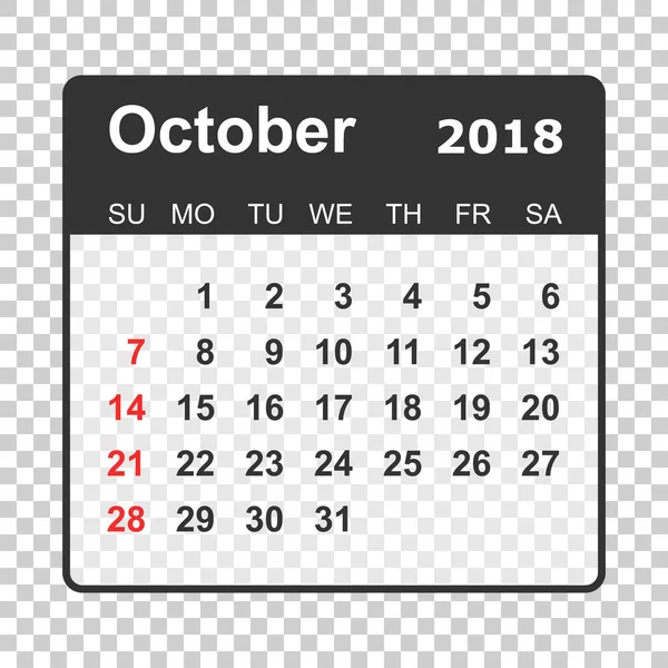 Октябрь 2018 календарь. Шаблон проектирования календаря. Неделя — стоковый вектор