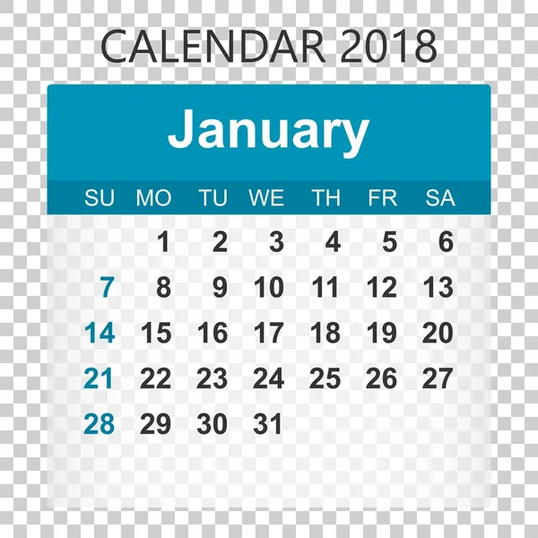 Calendario enero 2018. Plantilla de diseño de etiqueta de calendario. Semana st — Vector de stock