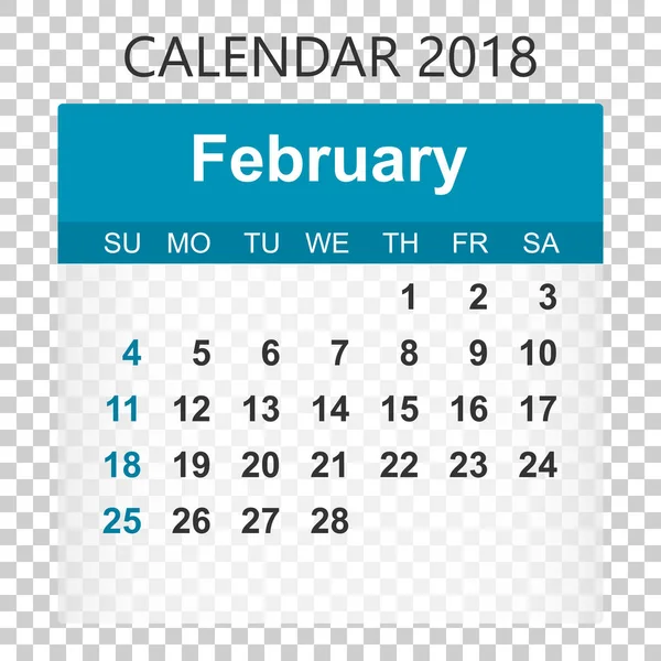 Calendario febrero 2018. Plantilla de diseño de etiqueta de calendario. Semana s — Archivo Imágenes Vectoriales