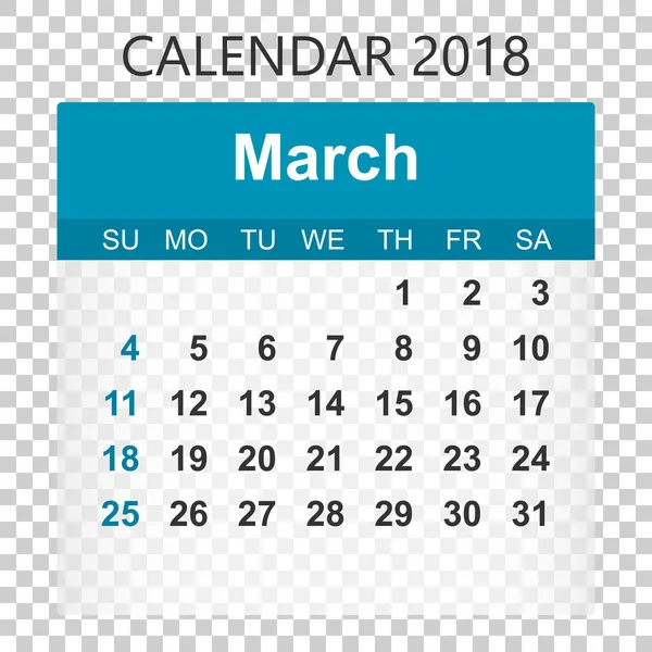 März 2018 Kalender. Kalenderaufkleber-Design-Vorlage. Wochenstern — Stockvektor